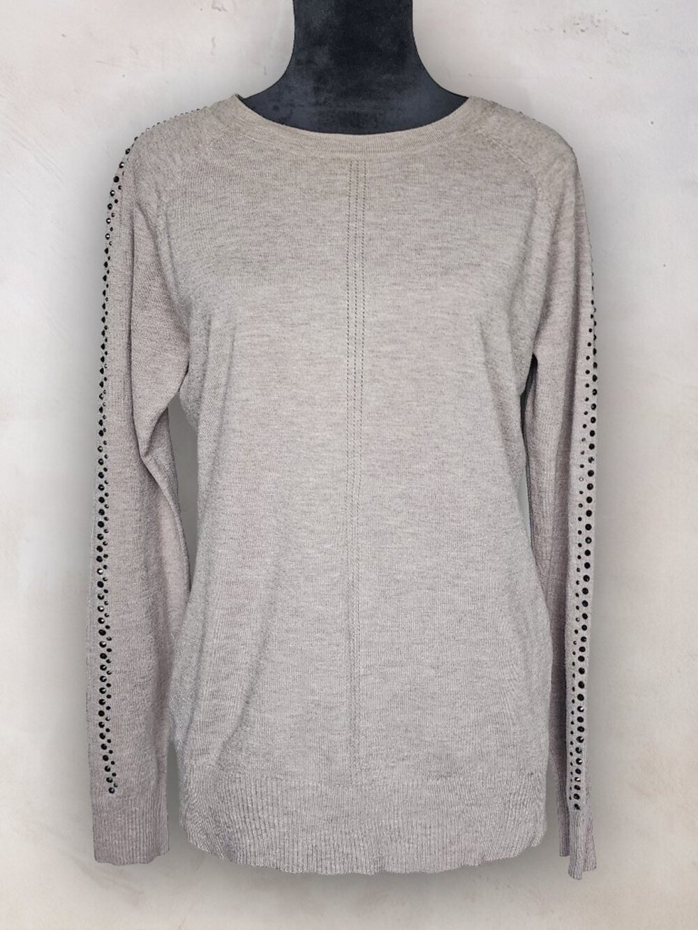NWT Liquid by Sioni Luxe Beige Wool Studded Sleeve Knit Sweater Blouse Top